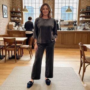 J. Jill Velour Kimono Top & Wide Leg Pull-On Pant Set - Gray Loungewear Size